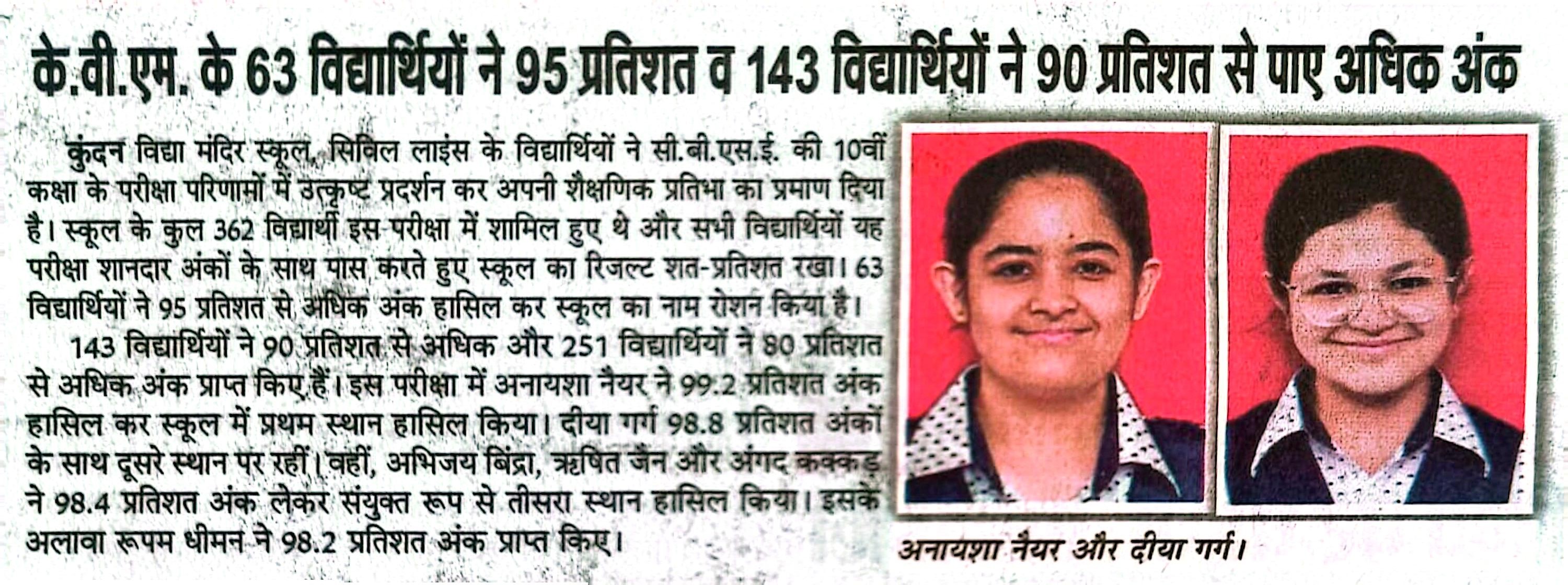 63 STUDENTS OF KVM SCORED ABOVE 95% AND 143 STUDENTS SCORED ABOVE 90% MARKS